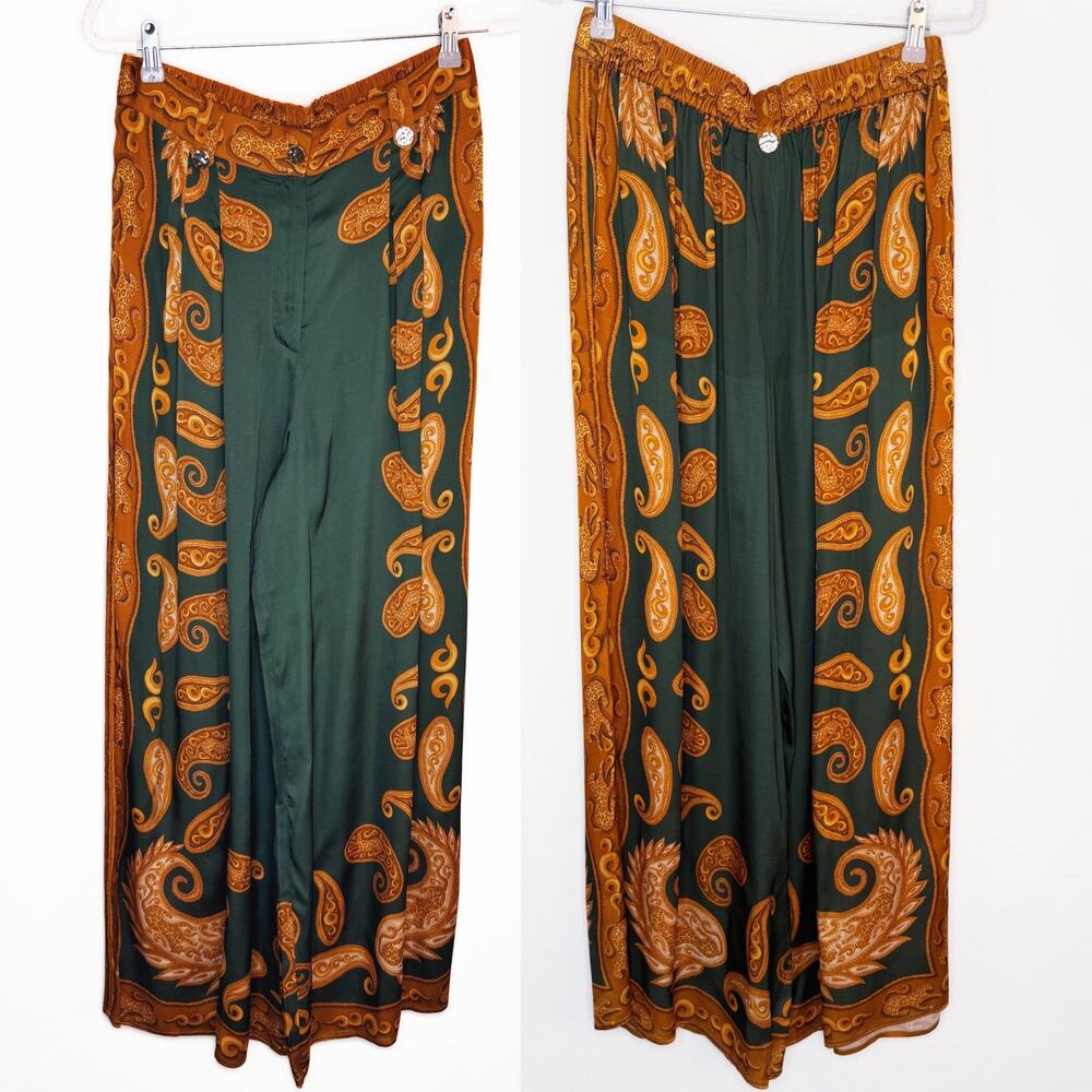 NWT Anthropologie Farm Rio Printed Wide Leg Green Gold Cheetah Satin Pants Med - Picture 3 of 15